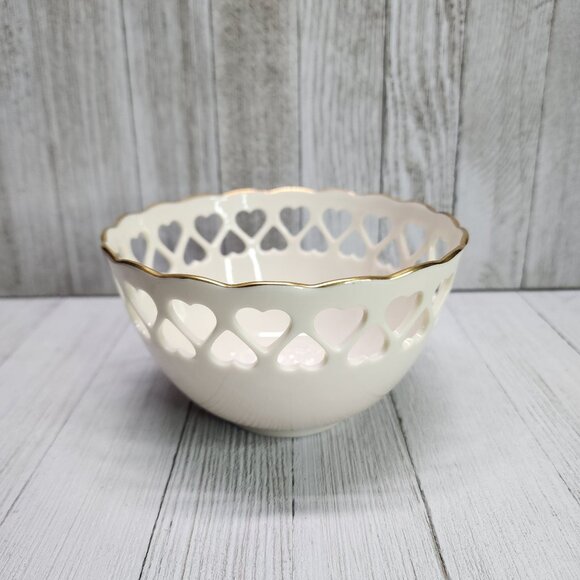 Lenox Heart Collection Bowl with Heart Cut Out and Gold Trim Embossed Rose - Picture 1 of 8